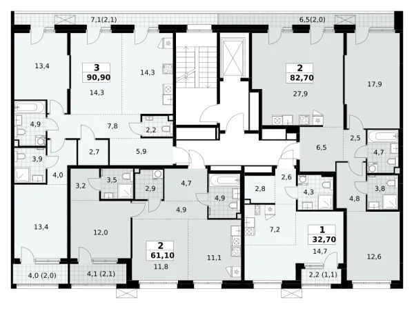 Количество комнат: 3,  90.9 кв.м.
