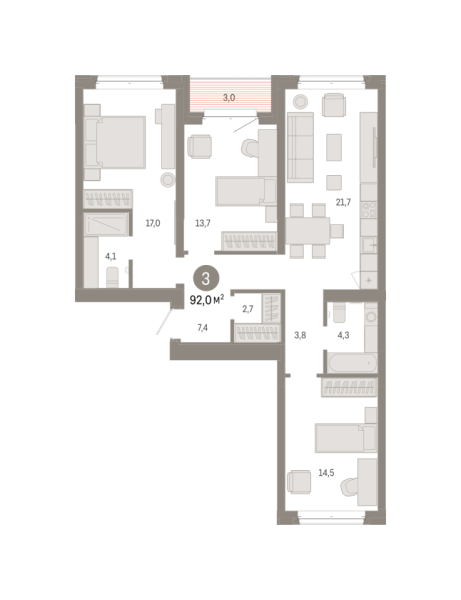 Новая 3-к квартира
 92.02 м² на 3/7 этаже в ЖК «Кварталы «На Минской»» в городе Тюмень 