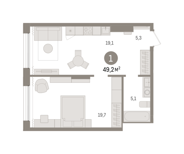 Новая 1-к квартира
 49.15 м² на 5/17 этаже в ЖК «Октябрьский на Туре» в городе Тюмень 