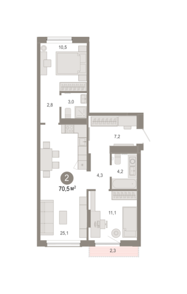 Новая 2-к квартира
 70.46 м² на 6/7 этаже в ЖК «Октябрьский на Туре» в городе Тюмень 