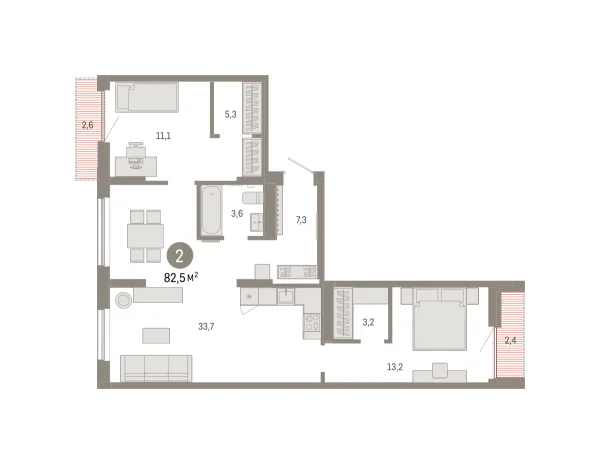 Новая 2-к квартира
 82.54 м² на 5/9 этаже в ЖК «Октябрьский на Туре» в городе Тюмень 