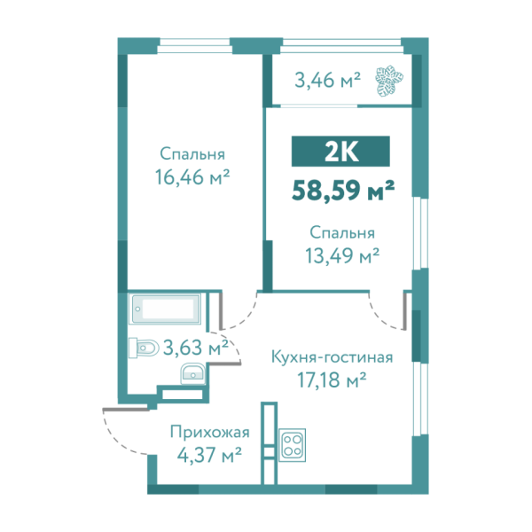 Новая 2-к квартира
 58.59 м² на 4/10 этаже в ЖК «Акватория» в городе Тюмень 