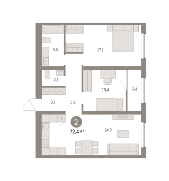 Новая 2-к квартира
 72.41 м² на 10/16 этаже в ЖК «Шишимская горка» в городе Тюмень 