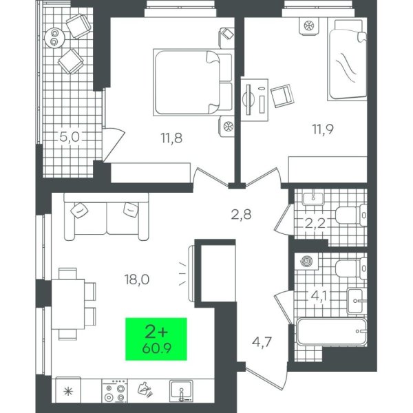 Новая 2-к квартира
 60.96 м² на 9/22 этаже в ЖК «Гранд Квартал» в городе Тюмень 