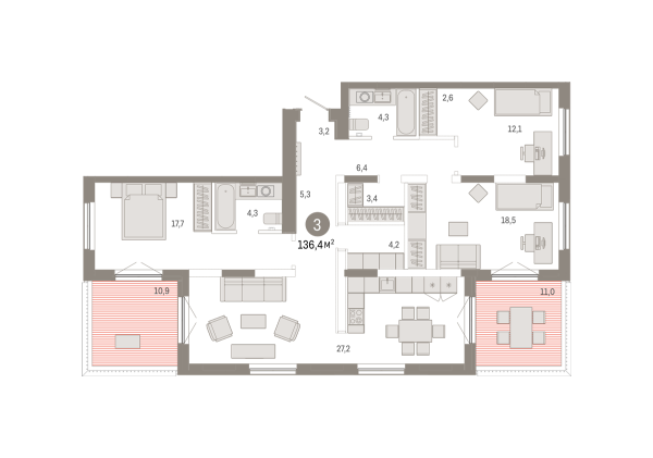 Новая 3-к квартира
 136.42 м² на 17/17 этаже в ЖК «Октябрьский на Туре» в городе Тюмень 