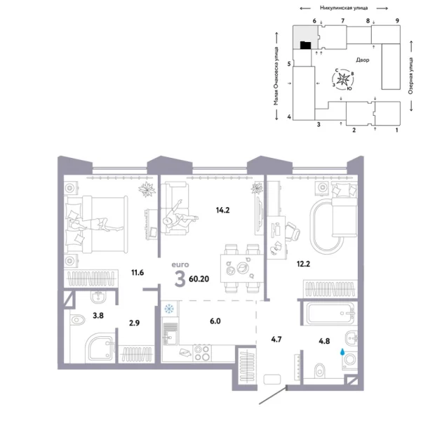Новая 3-к квартира
 60.2 м² на 21/30 этаже в ЖК «Страна.Озёрная» в городе Тюмень 