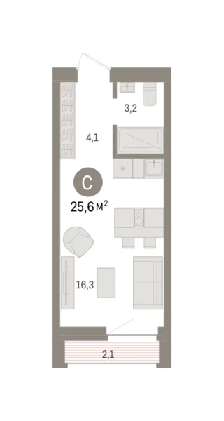 Новая квартира-студия
 25.6 м² на 3/8 этаже в ЖК «Речной порт» в городе Тюмень 