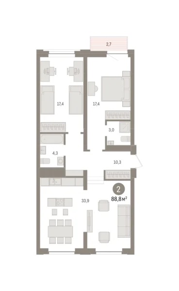 Новая 2-к квартира
 88.8 м² на 3/9 этаже в ЖК «Речной порт» в городе Тюмень 