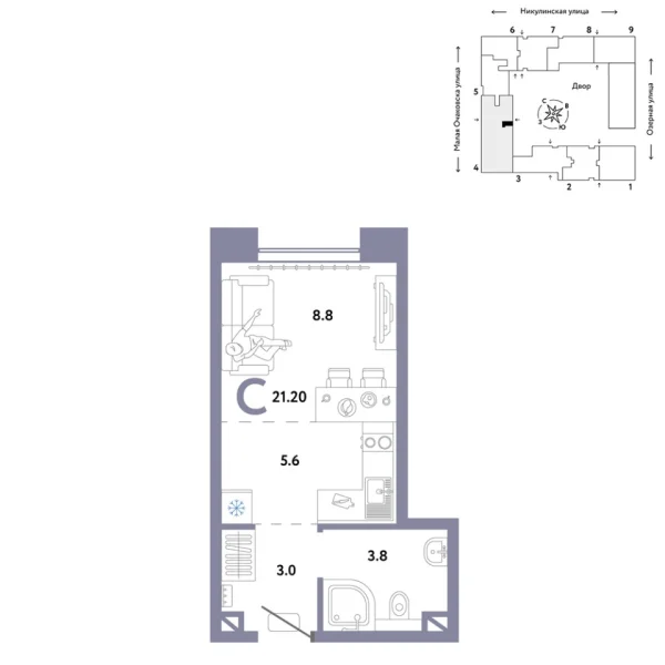 Новая квартира-студия
 21.2 м² на 4/30 этаже в ЖК «Страна.Озёрная» в городе Тюмень 