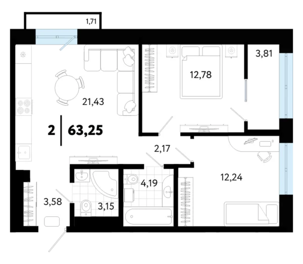 Новая 2-к квартира
 63.25 м² на 5/9 этаже в ЖК «Квартал в Гагаринском парке» в городе Тюмень 