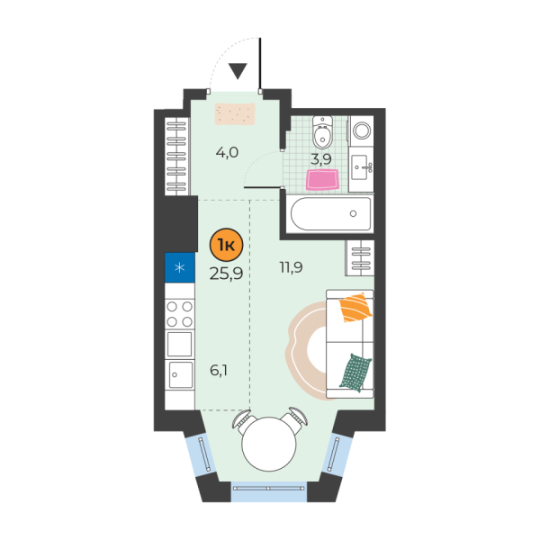 Новая квартира-студия
 25.9 м² на 16/25 этаже в ЖК «Корней» в городе Тюмень 
