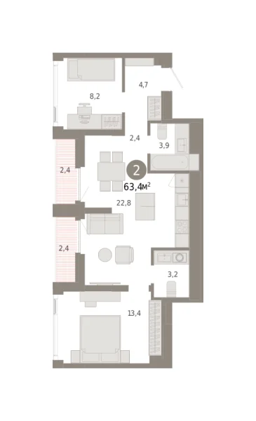 Новая 2-к квартира
 63.42 м² на 22/25 этаже в ЖК «Зарека» в городе Тюмень 