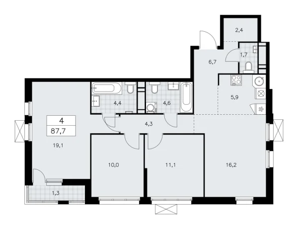 Новая 4-к квартира
 87.7 м² на 18/18 этаже в ЖК «Скандинавия» в городе Тюмень 