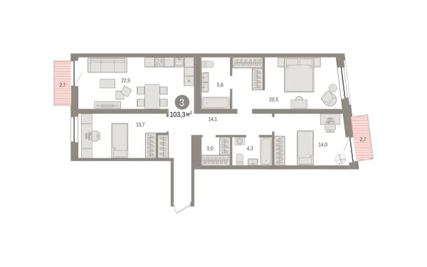Новая 3-к квартира
 103.4 м² на 5/10 этаже в ЖК «Речной порт» в городе Тюмень 