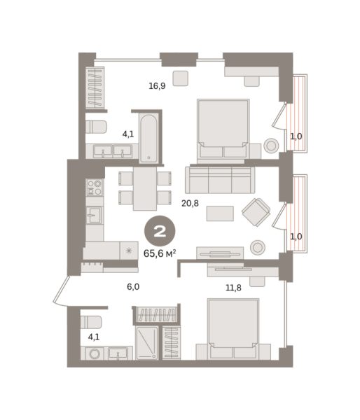 Новая 2-к квартира
 65.64 м² на 14/17 этаже в ЖК «Первый квартал» в городе Тюмень 