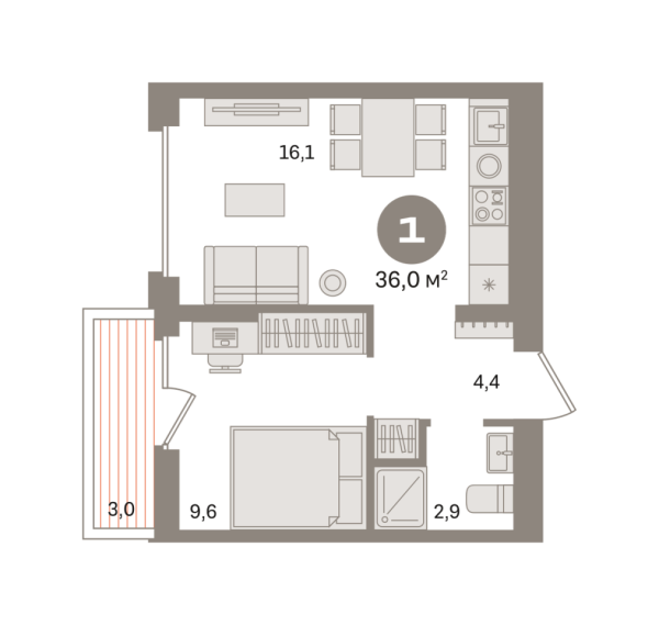 Новая 1-к квартира
 36.03 м² на 3/9 этаже в ЖК «Первый квартал» в городе Тюмень 