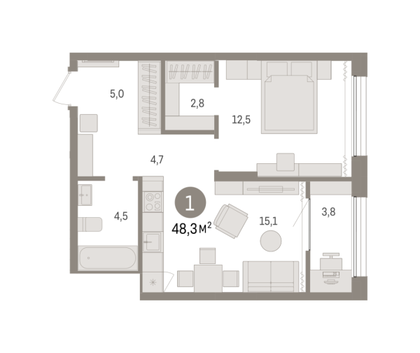 Новая 1-к квартира
 48.3 м² на 16/17 этаже в ЖК «Октябрьский на Туре» в городе Тюмень 
