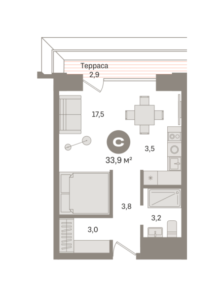 Новая квартира-студия
 33.85 м² на 8/17 этаже в ЖК «Гудзон» в городе Тюмень 