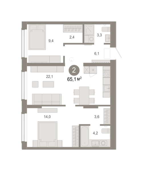 Новая 2-к квартира
 65.08 м² на 2/17 этаже в ЖК «Октябрьский на Туре» в городе Тюмень 