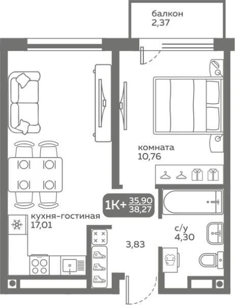 Новая 1-к квартира
 35.68 м² на 11/20 этаже в ЖК «Меридиан Слобода» в городе Тюмень 