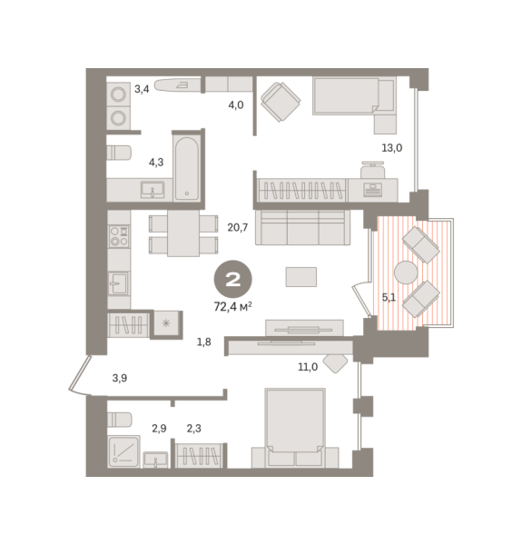Новая 2-к квартира
 72.4 м² на 4/8 этаже в ЖК «Дом «А»» в городе Тюмень 