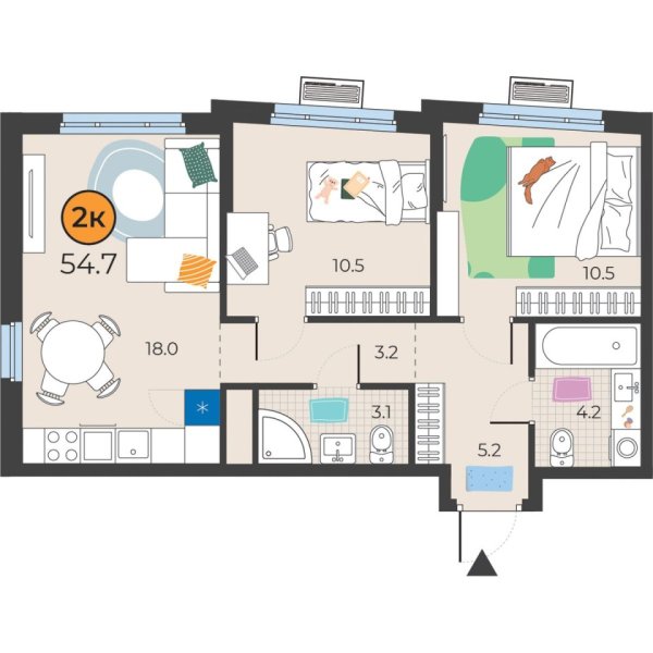 Новая 2-к квартира
 54.7 м² на 7/25 этаже в ЖК «Корней» в городе Тюмень 