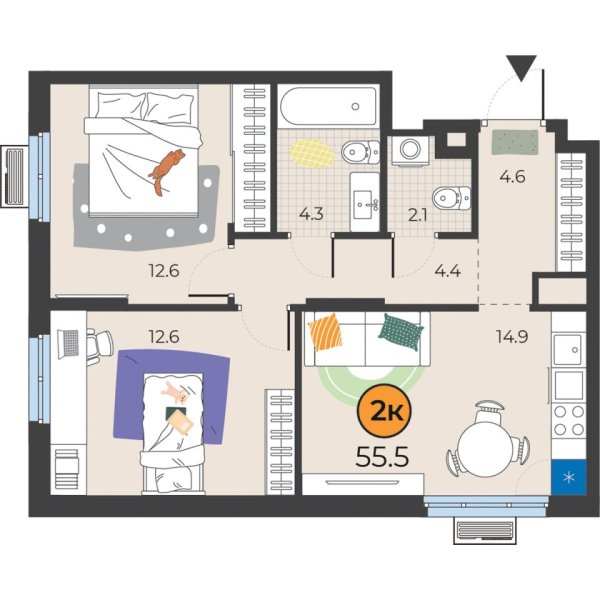 Новая 2-к квартира
 55.5 м² на 9/25 этаже в ЖК «Корней» в городе Тюмень 