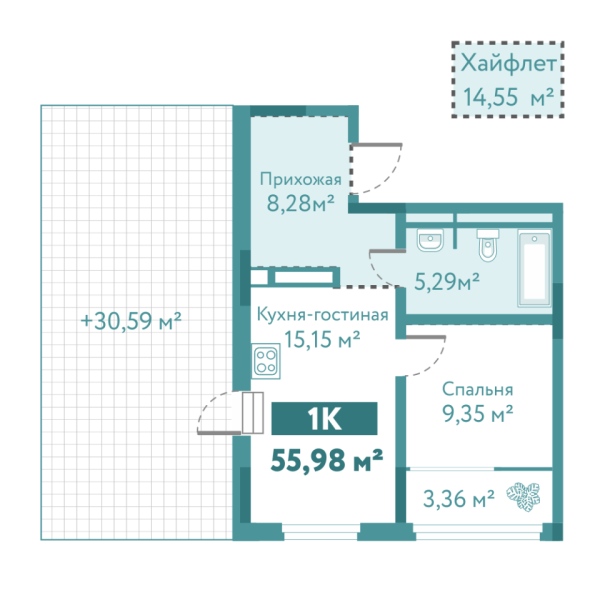 Новая 1-к квартира
 55.98 м² на 10/10 этаже в ЖК «Акватория» в городе Тюмень 
