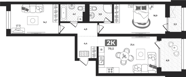 Новая 2-к квартира
 79.5 м² на 4/23 этаже в ЖК «Маэстро» в городе Тюмень 