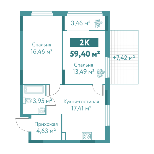 Новая 2-к квартира
 59.4 м² на 1/10 этаже в ЖК «Акватория» в городе Тюмень 