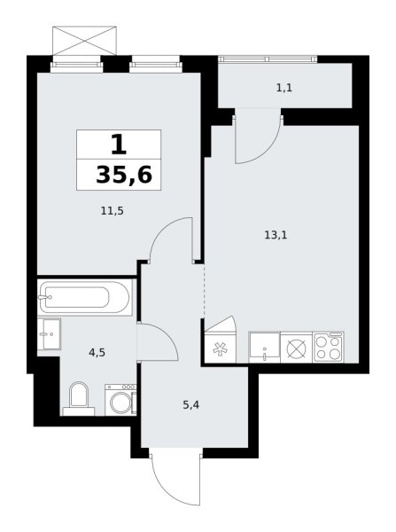 Новая 1-к квартира
 35.6 м² на 11/11 этаже в ЖК «Дзен-кварталы» в городе Тюмень 