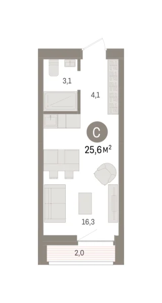 Новая квартира-студия
 25.5 м² на 4/10 этаже в ЖК «Речной порт» в городе Тюмень 