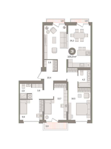 Новая 3-к квартира
 105.88 м² на 4/9 этаже в ЖК «Первый квартал» в городе Тюмень 