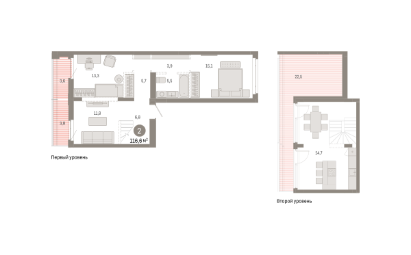 Новая 2-к квартира
 116.59 м² на 8/8 этаже в ЖК «Республики 205» в городе Тюмень 