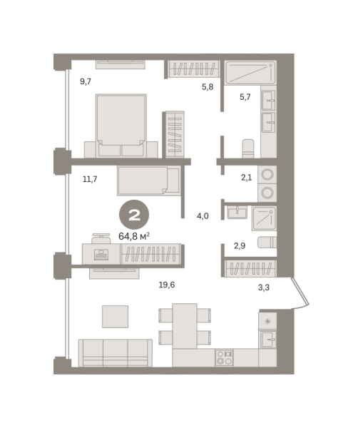 Новая 2-к квартира
 64.8 м² на 2/6 этаже в ЖК «Дом «А»» в городе Тюмень 