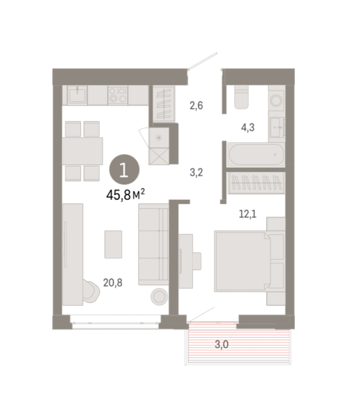 Новая 1-к квартира
 45.84 м² на 7/8 этаже в ЖК «Республики 205» в городе Тюмень 