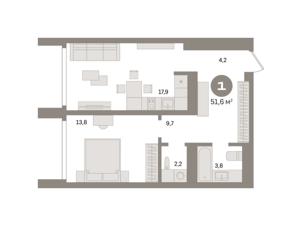 Новая 1-к квартира
 51.6 м² на 22/24 этаже в ЖК «Южные кварталы» в городе Тюмень 