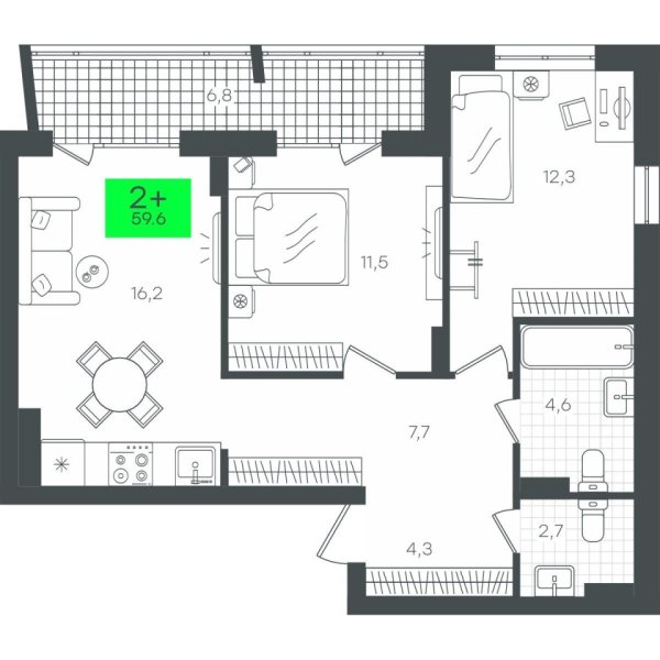 Новая 2-к квартира
 66.43 м² на 8/10 этаже в ЖК «Гранд Квартал» в городе Тюмень 