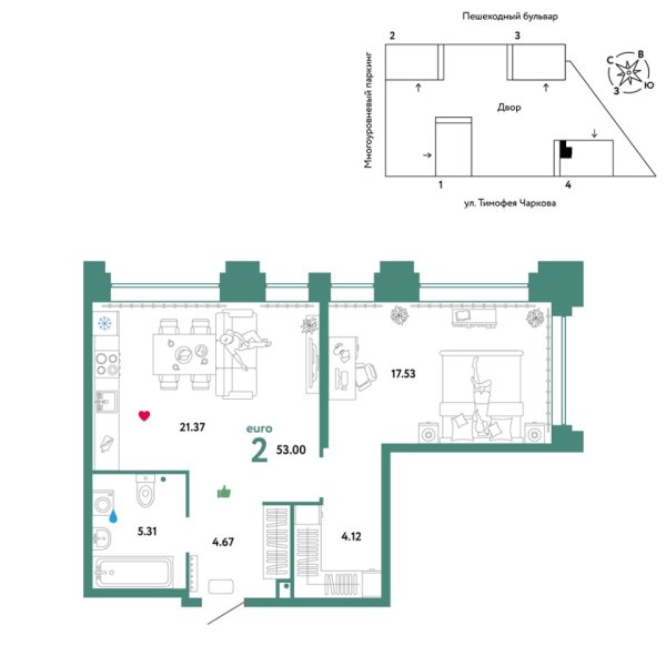 Новая 2-к квартира
 53 м² на 31/31 этаже в ЖК «Звёздный» в городе Тюмень 