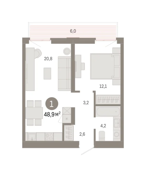 Новая 1-к квартира
 48.88 м² на 5/8 этаже в ЖК «Республики 205» в городе Тюмень 