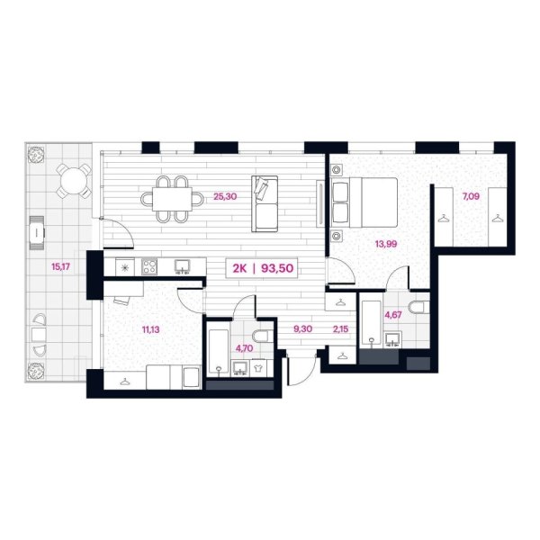 Новая 2-к квартира
 93.5 м² на 2/16 этаже в ЖК «Пушкина» в городе Тюмень 