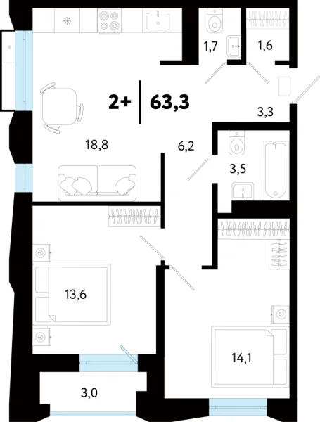 Новая 2-к квартира
 63.37 м² на 11/25 этаже в ЖК «Кедровый берег» в городе Тюмень 