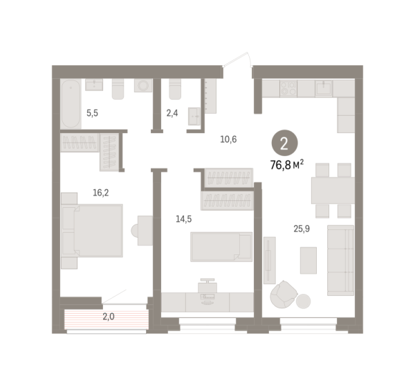 Новая 2-к квартира
 76.8 м² на 5/8 этаже в ЖК «Речной порт» в городе Тюмень 