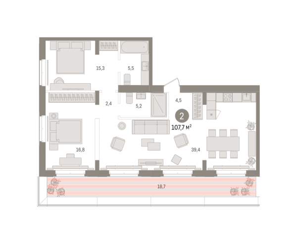 Новая 2-к квартира
 107.7 м² на 7/8 этаже в ЖК «Кварталы «На Минской»» в городе Тюмень 