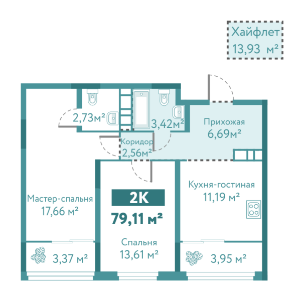 Новая 2-к квартира
 79.11 м² на 10/10 этаже в ЖК «Акватория» в городе Тюмень 