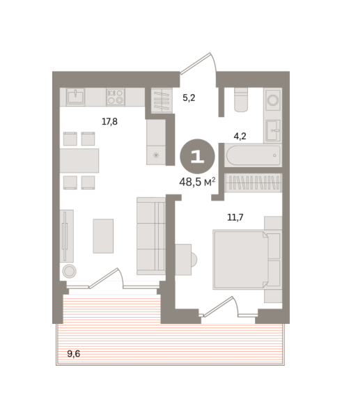 Новая 1-к квартира
 48.5 м² на 8/24 этаже в ЖК «Южные кварталы» в городе Тюмень 