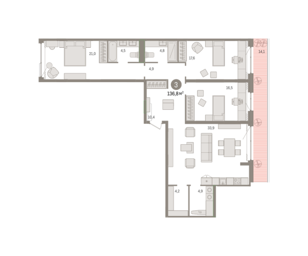 Новая 3-к квартира
 136.8 м² на 2/11 этаже в ЖК «Новин» в городе Тюмень 