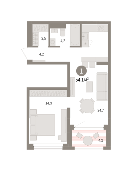 Новая 1-к квартира
 54.11 м² на 6/8 этаже в ЖК «Европейский квартал» в городе Тюмень 