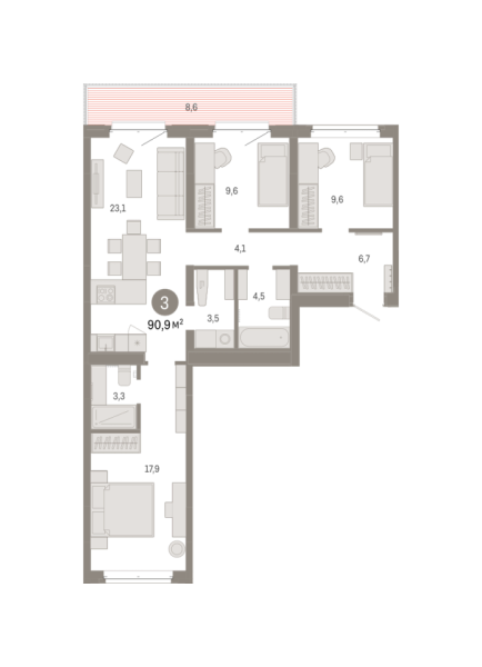 Новая 3-к квартира
 90.87 м² на 5/7 этаже в ЖК «Кварталы «На Минской»» в городе Тюмень 