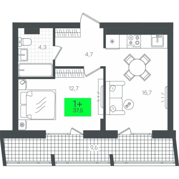 Новая 1-к квартира
 47.18 м² на 5/10 этаже в ЖК «Гранд Квартал» в городе Тюмень 